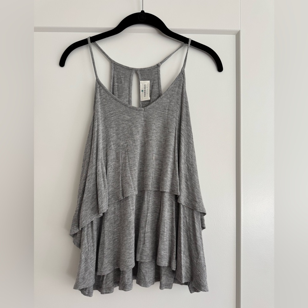Gray Tiered Split Back Layered Flowy Top, Size M
